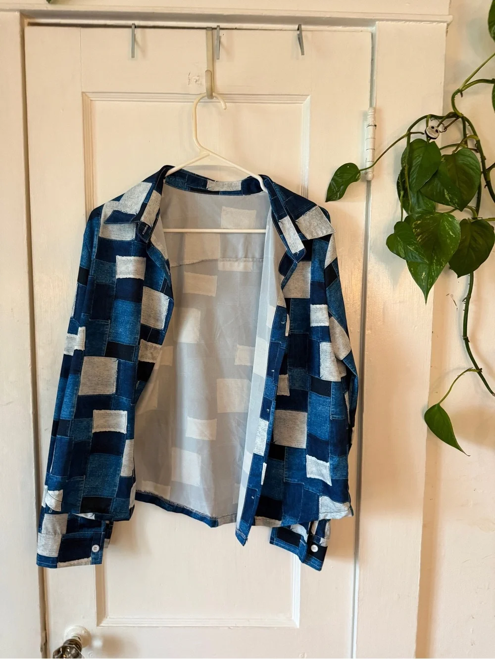Blue and White Patchwork Button-Up Shirt - Picture 1 of 8